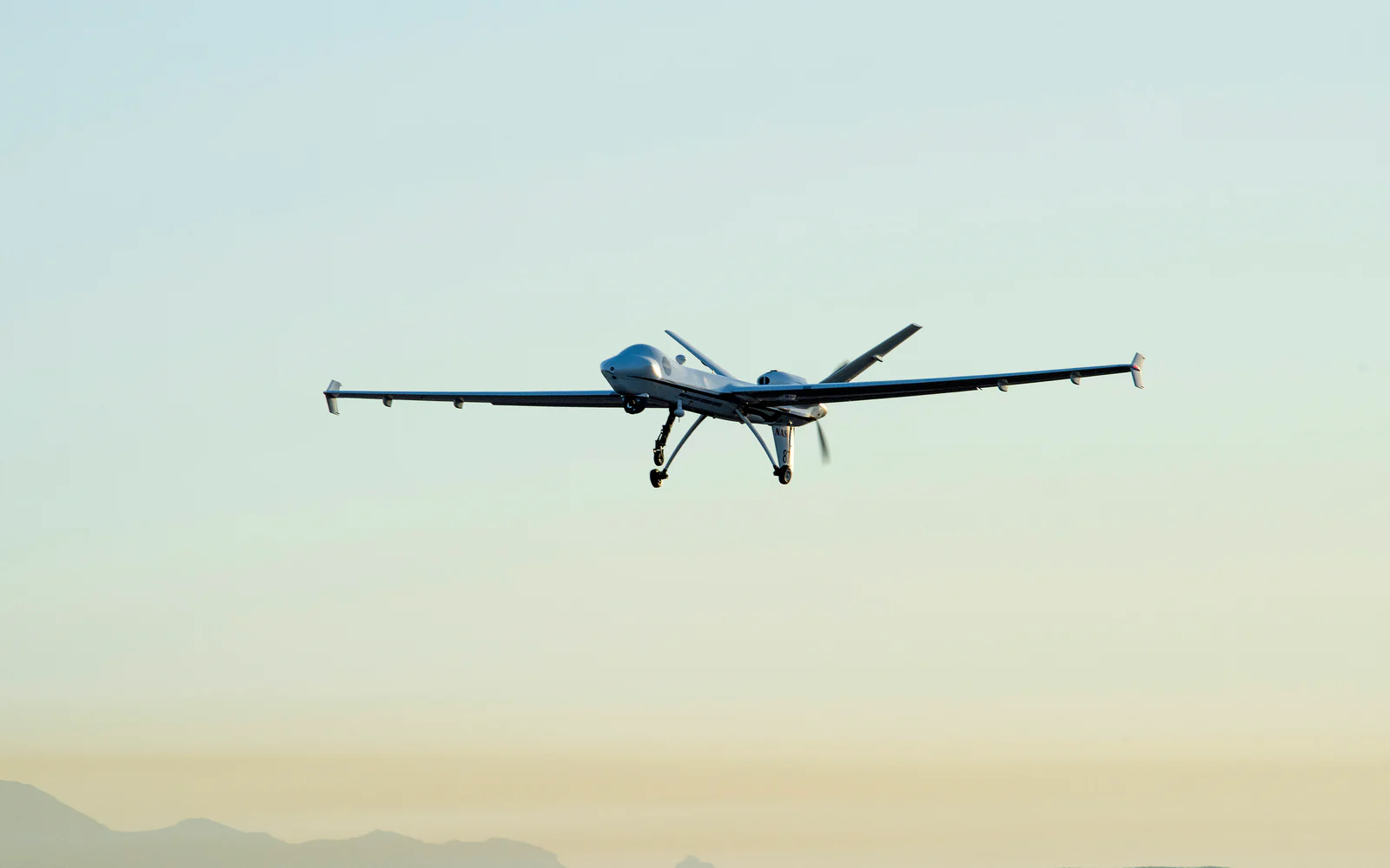 NASA's Ikhana remotely piloted aircraft flying toward the camera during a 2018 detect-and-avoid flight campaign over California